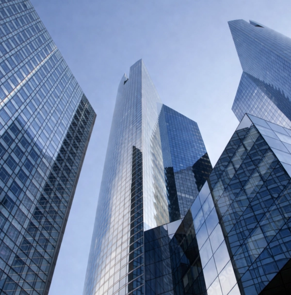 Tall glass skyscrapers viewed from below – Synergos Capital AG Private Equity Placement 450M funds raised European energy sector